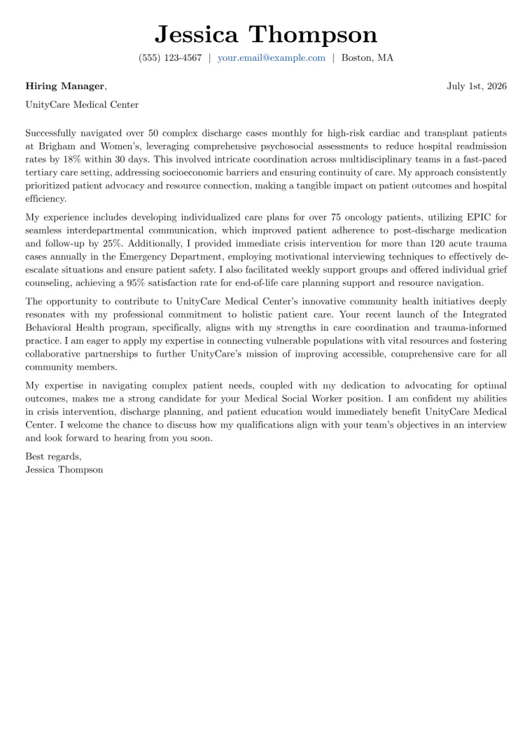 Medical Social Worker Cover Letter Example