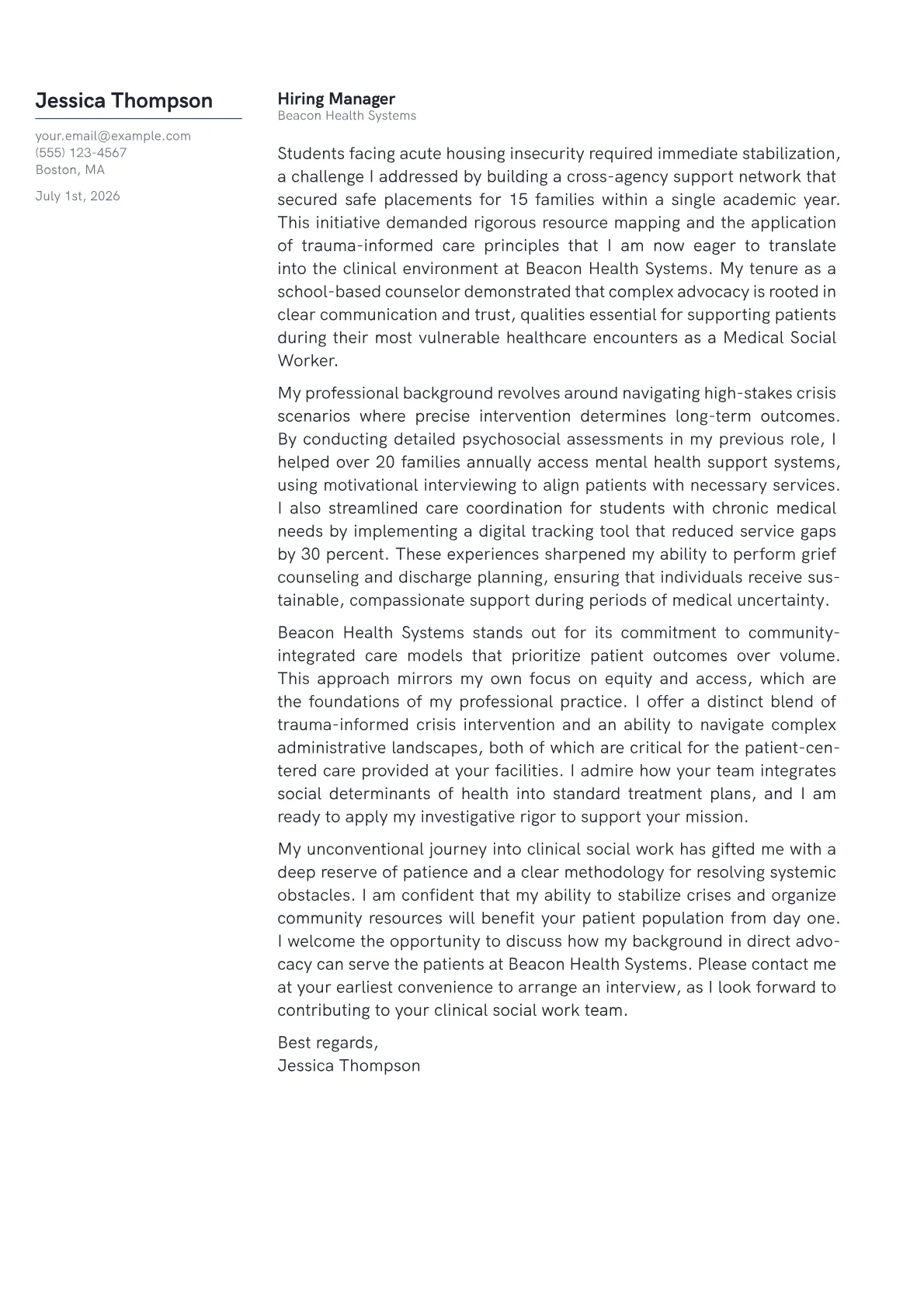 Medical Social Worker cover letter in the Margin design
