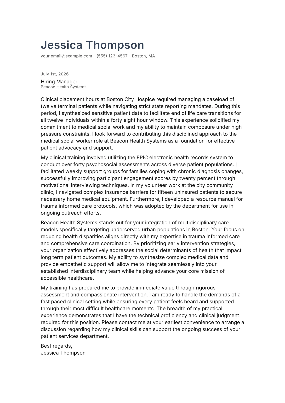 Medical Social Worker cover letter in the Minimal design