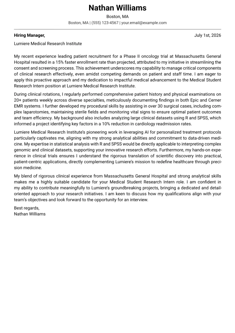 Medical Student cover letter example preview