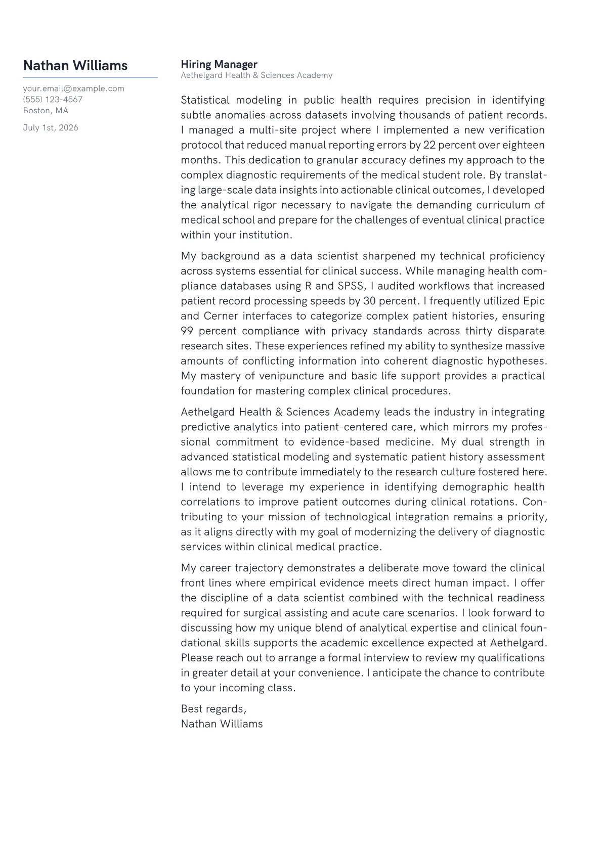 Medical Student cover letter in the Margin design