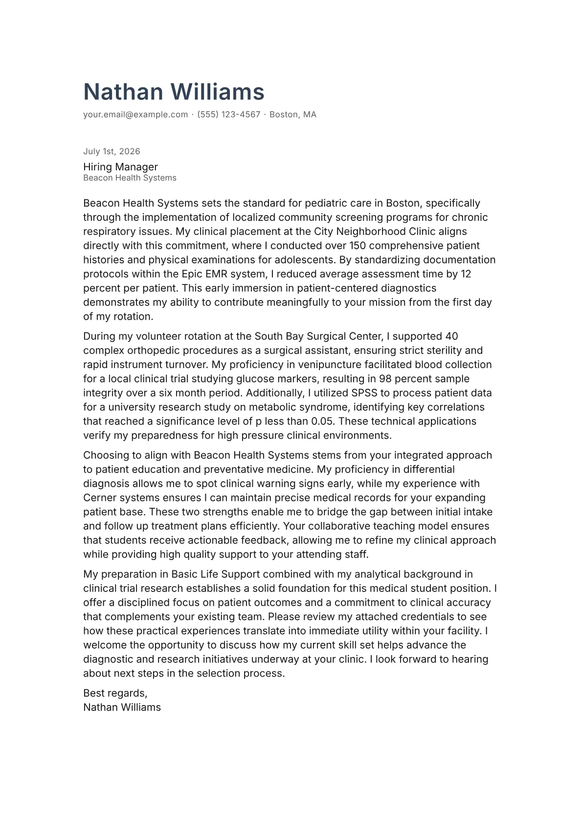 Medical Student cover letter in the Minimal design