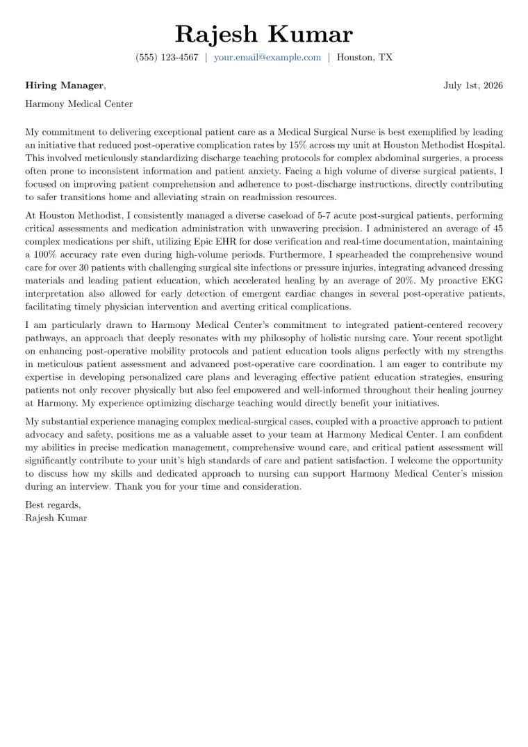 Medical Surgical Nurse Cover Letter Example