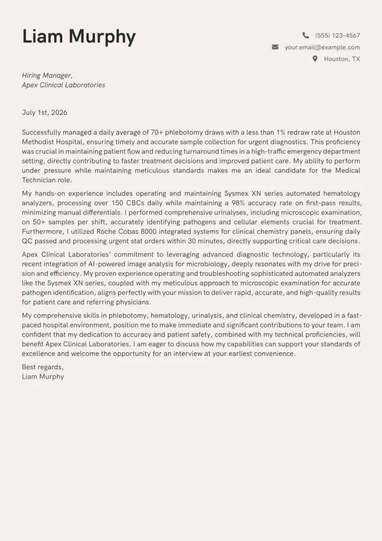 Medical Technician Cover Letter Example