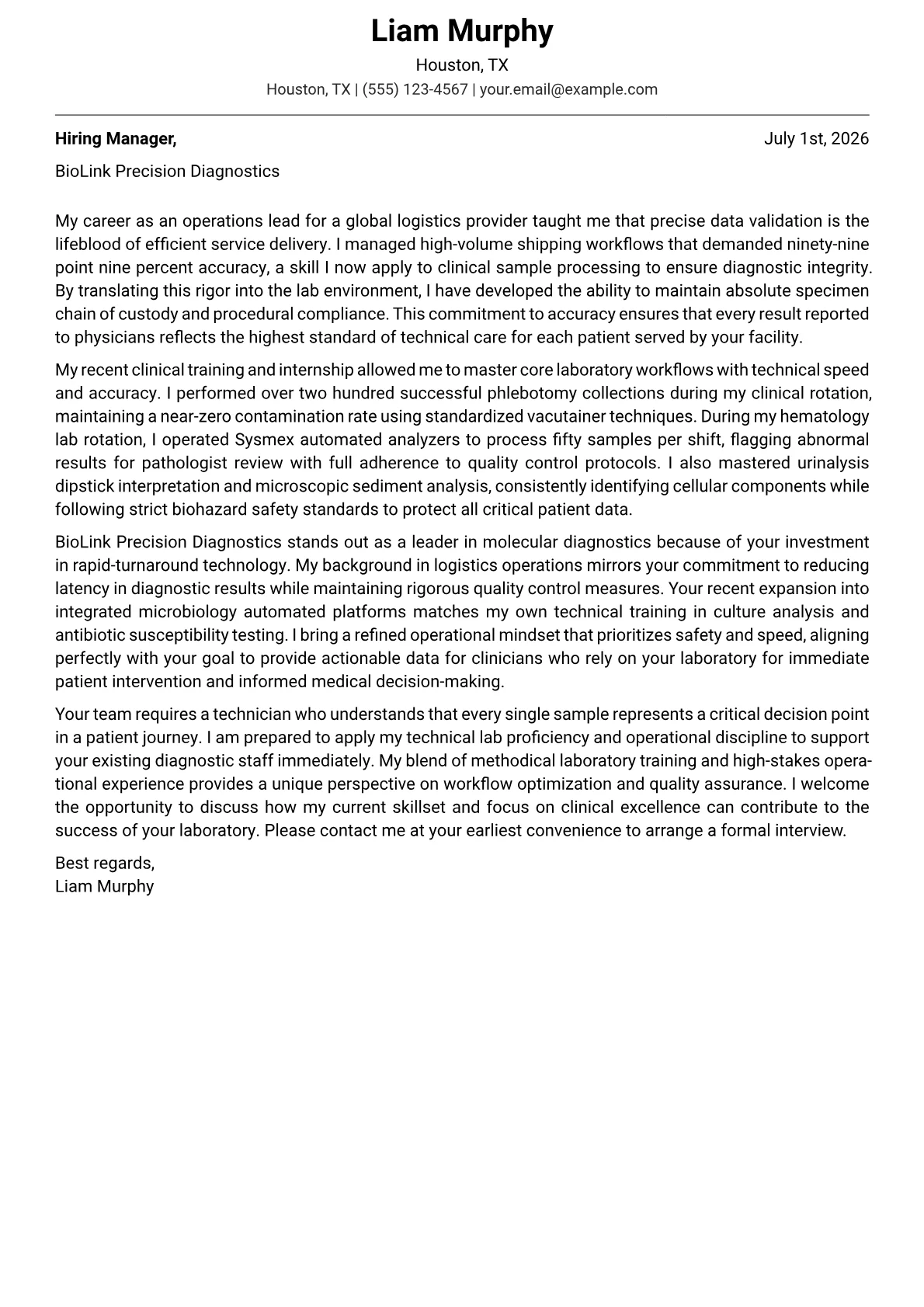 Medical Technician cover letter in the Modern design