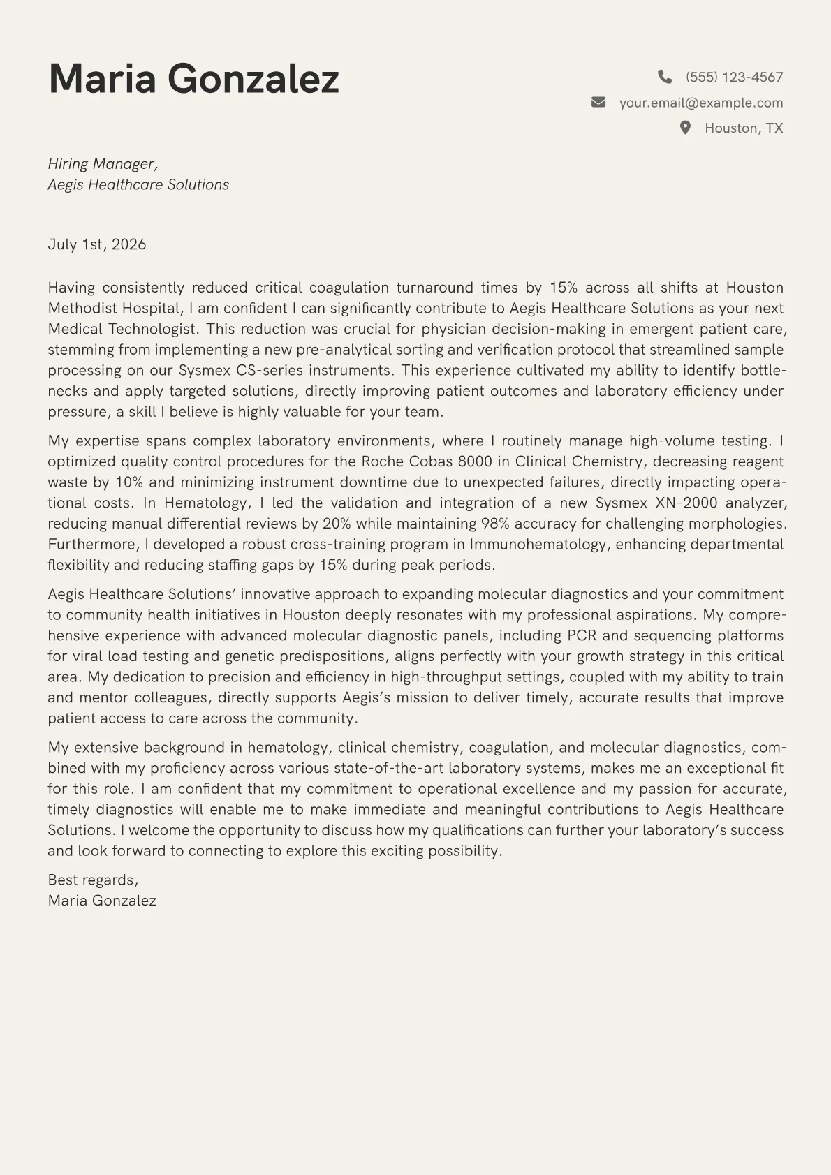 Medical Technologist cover letter formatted with a JobSprout template
