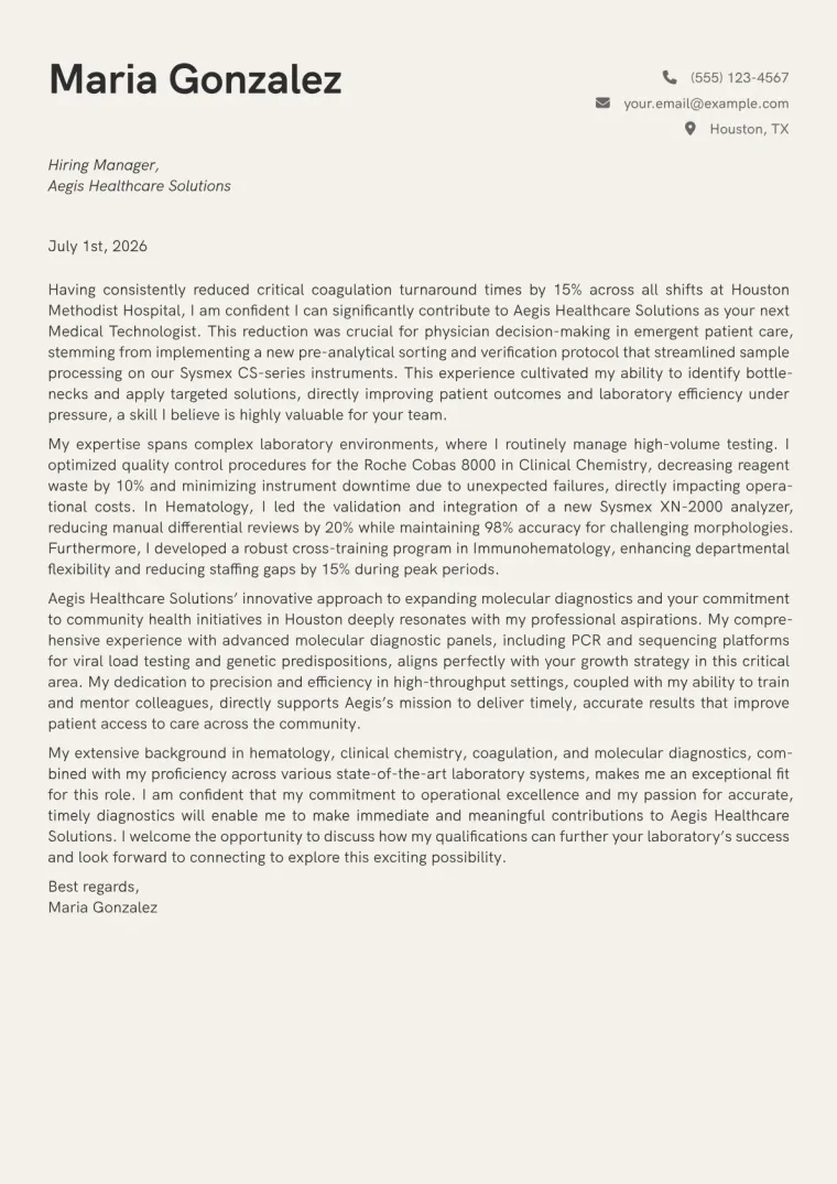 Medical Technologist Cover Letter Example