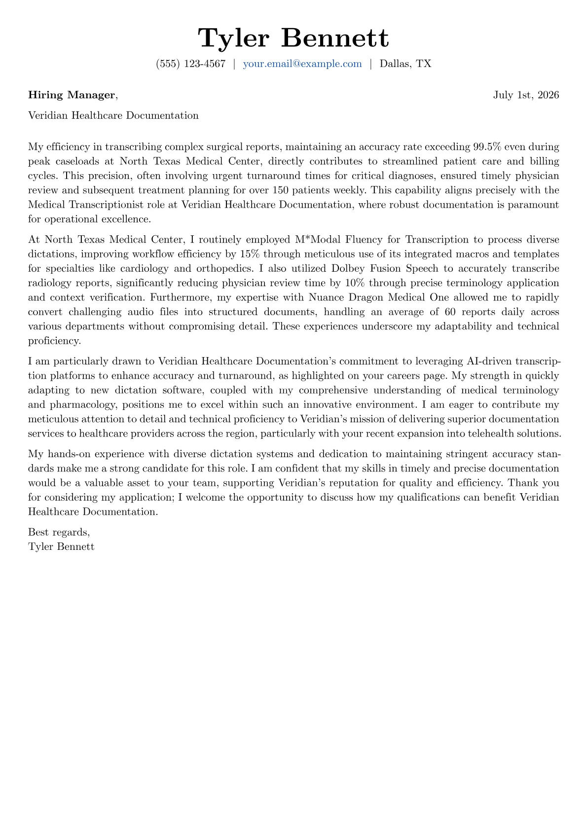 Medical Transcriptionist cover letter formatted with a JobSprout template