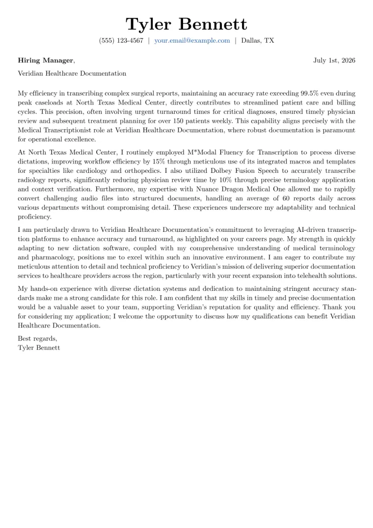 Medical Transcriptionist Cover Letter Example