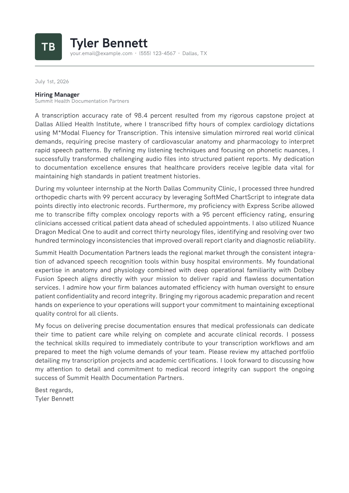 Medical Transcriptionist cover letter in the Emblem design