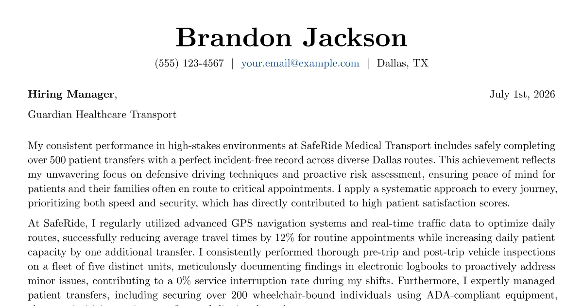 Medical Transport Driver Cover Letter Example (2026)