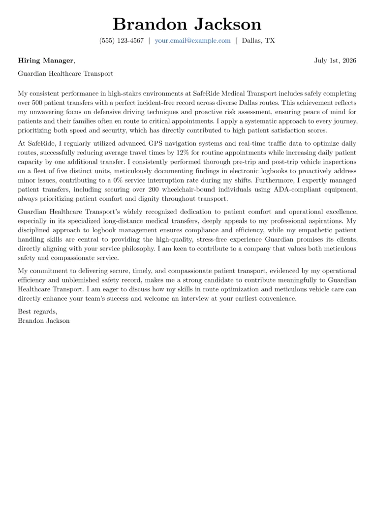 Medical Transport Driver Cover Letter Example (2026)
