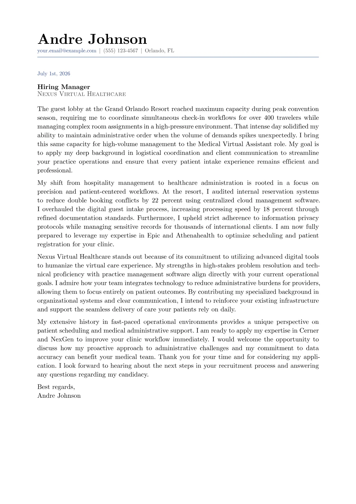 Medical Virtual Assistant cover letter in the Classic design