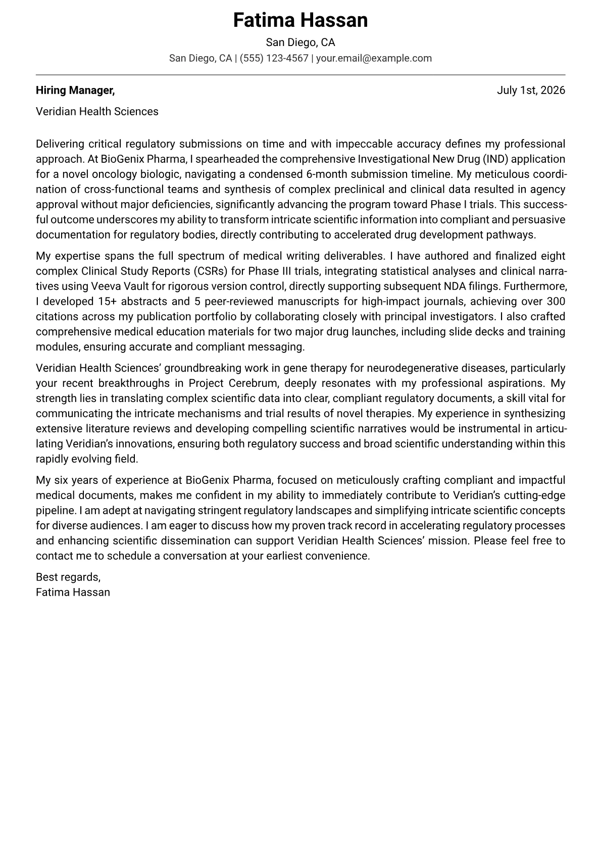 Medical Writer cover letter formatted with a JobSprout template