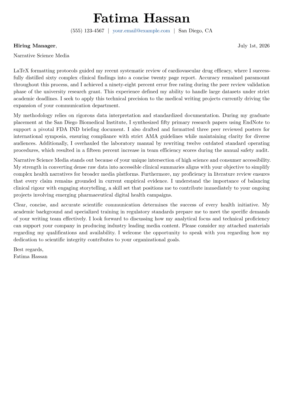 Medical Writer cover letter in the Basic design