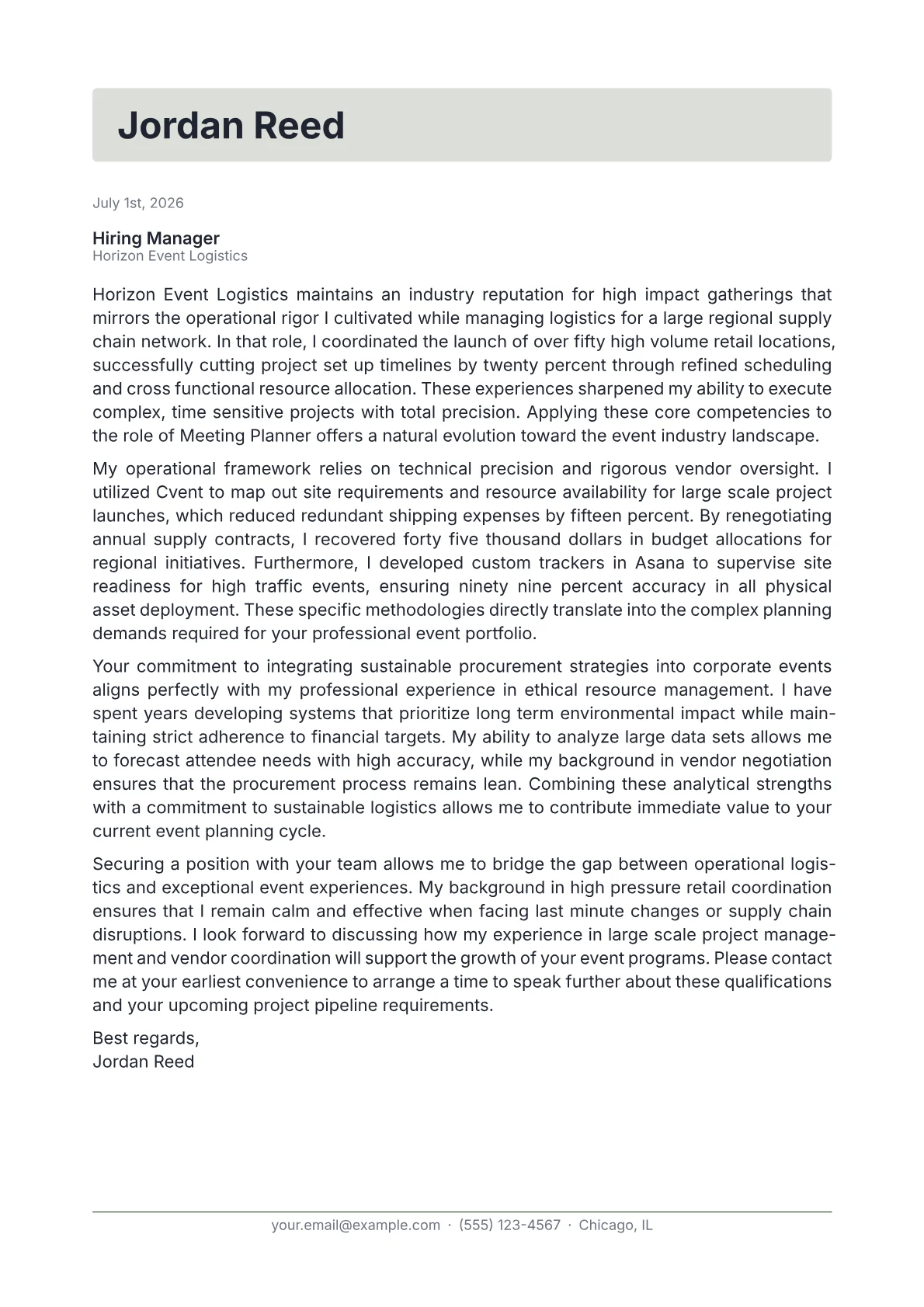 Meeting Planner cover letter in the Letterhead design