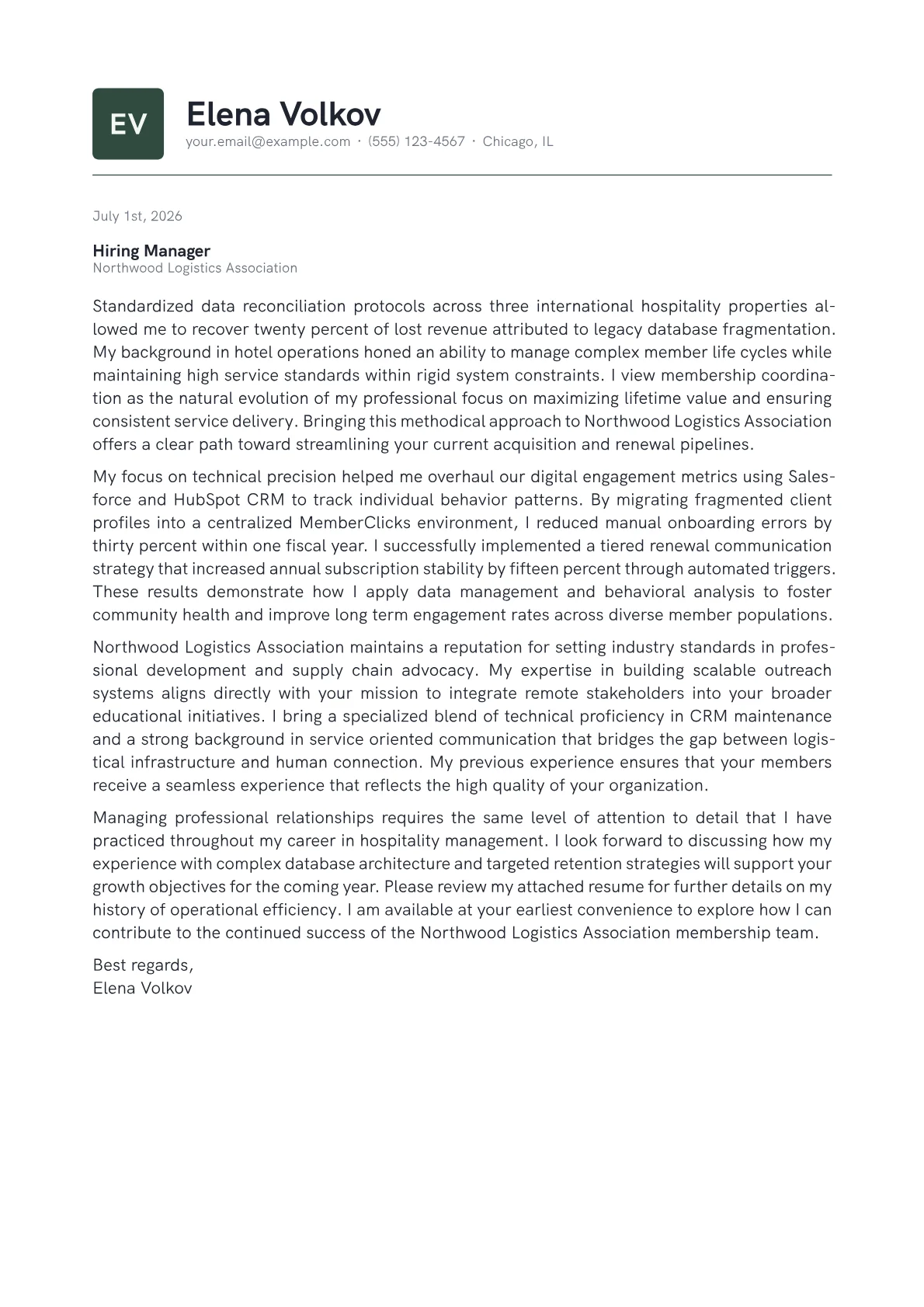 Membership Coordinator cover letter in the Emblem design