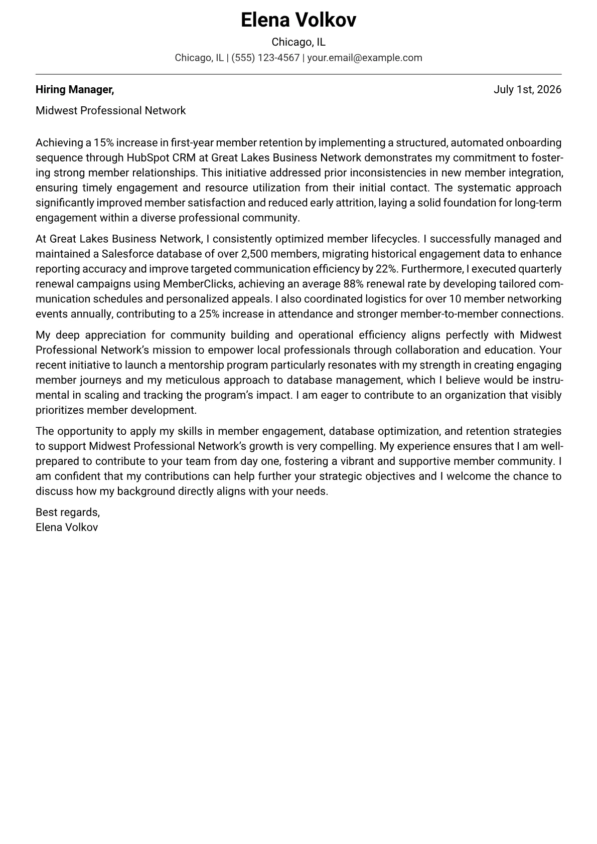 Membership Coordinator cover letter formatted with a JobSprout template