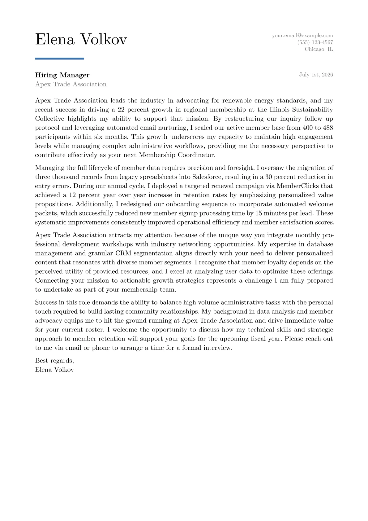 Membership Coordinator cover letter in the Executive design