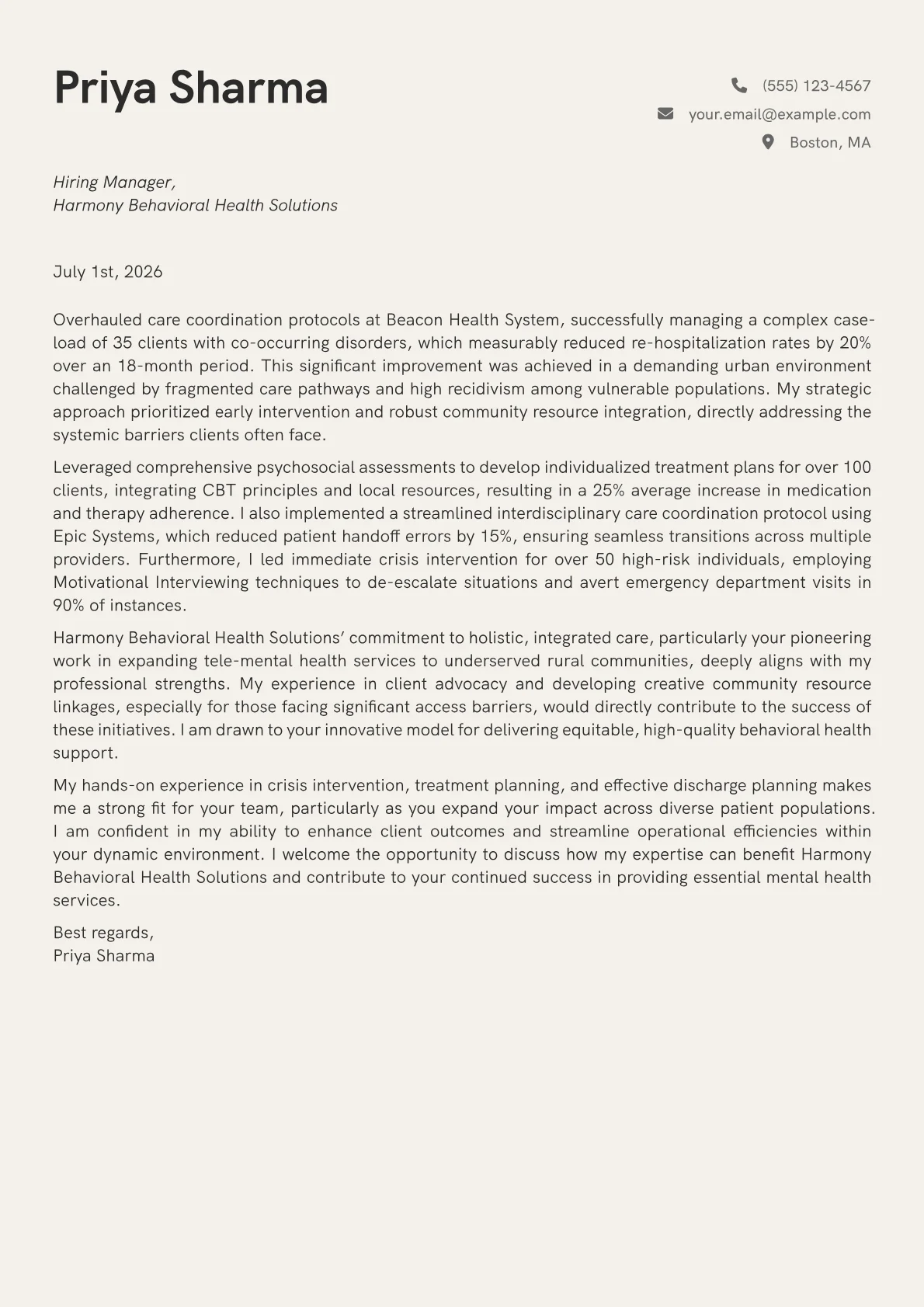 Mental Health Case Manager cover letter formatted with a JobSprout template
