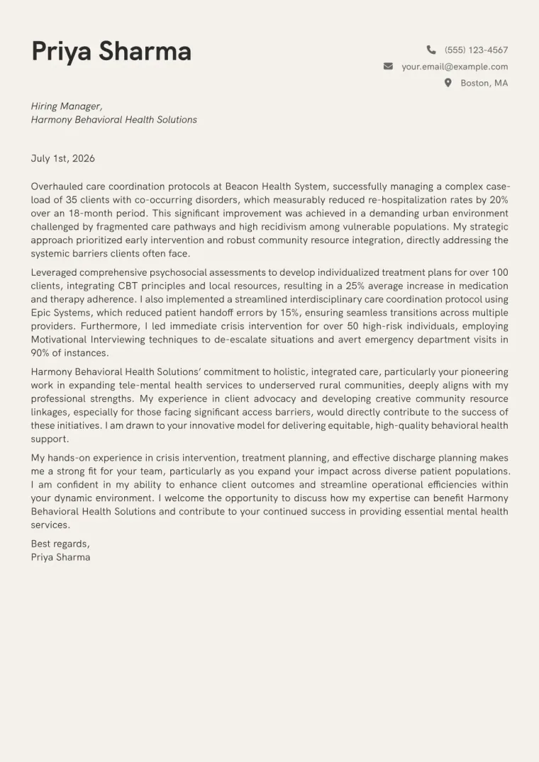 Mental Health Case Manager cover letter example preview
