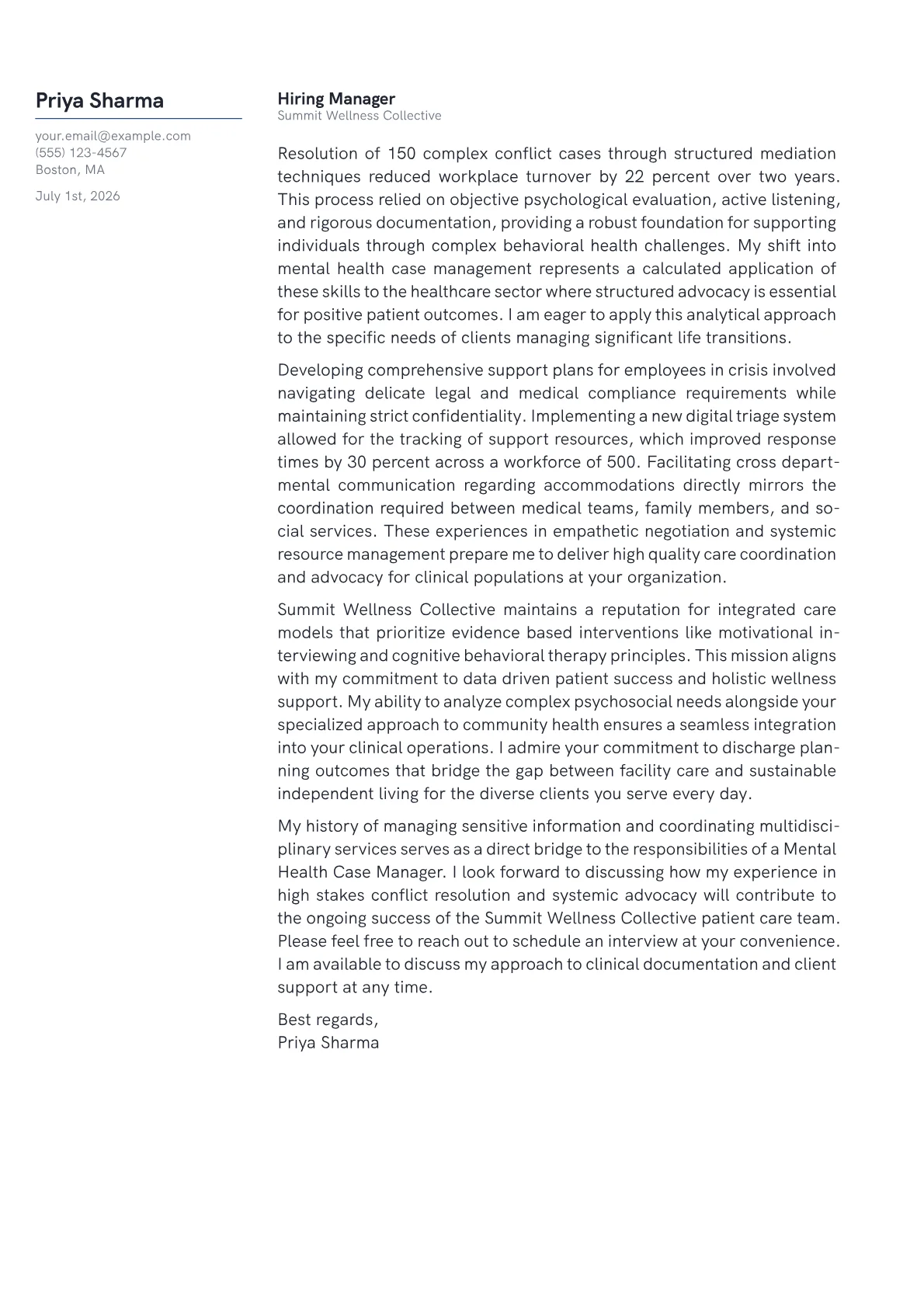 Mental Health Case Manager cover letter in the Margin design