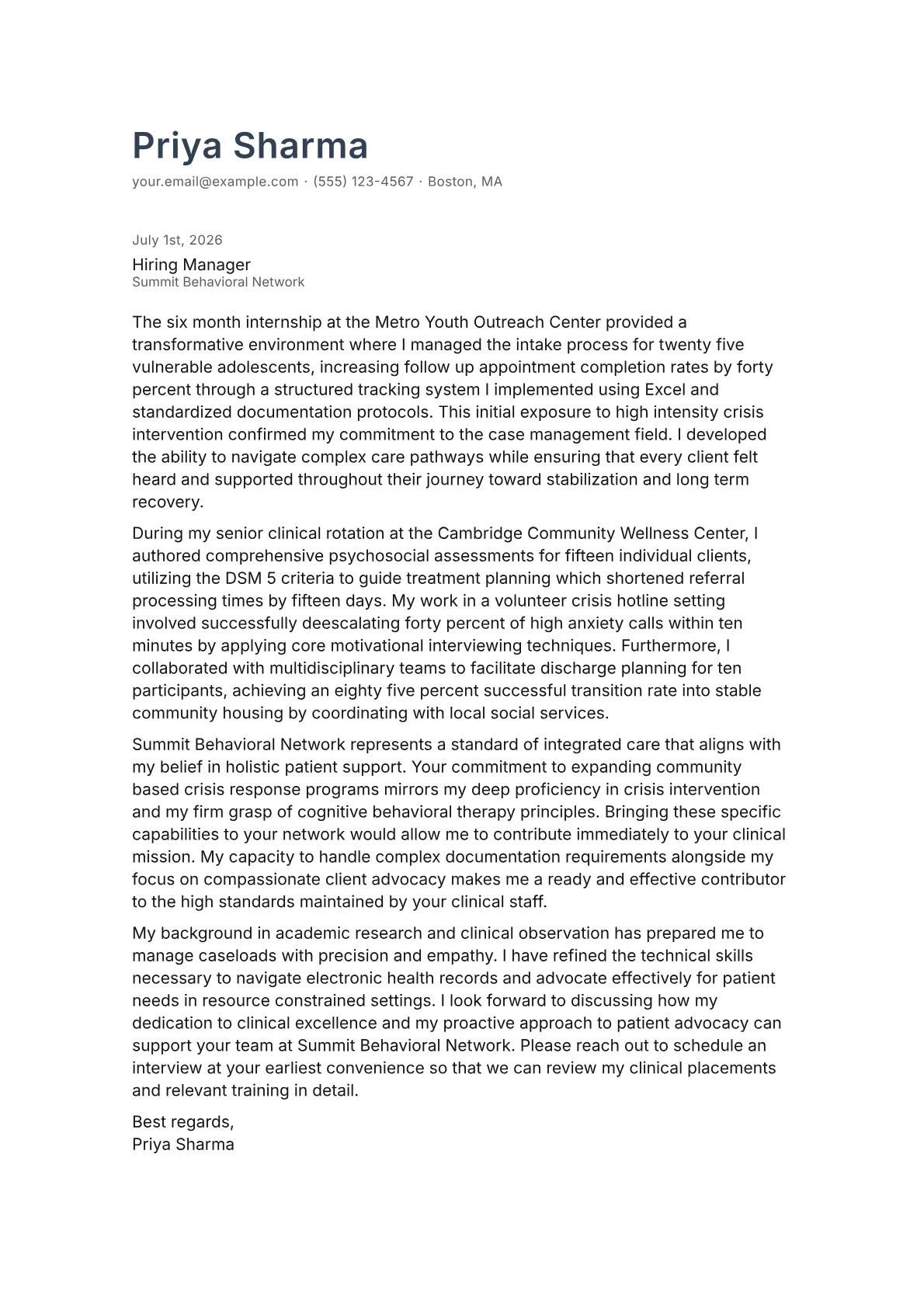 Mental Health Case Manager cover letter in the Minimal design