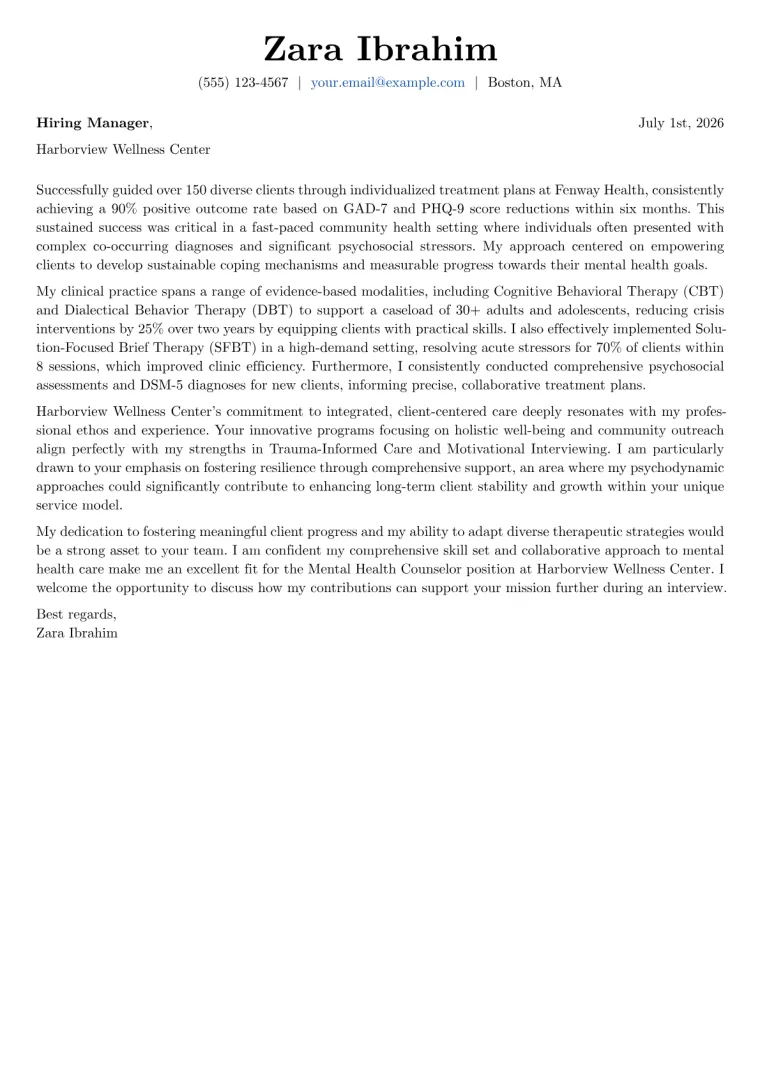 Mental Health Counselor Cover Letter Example
