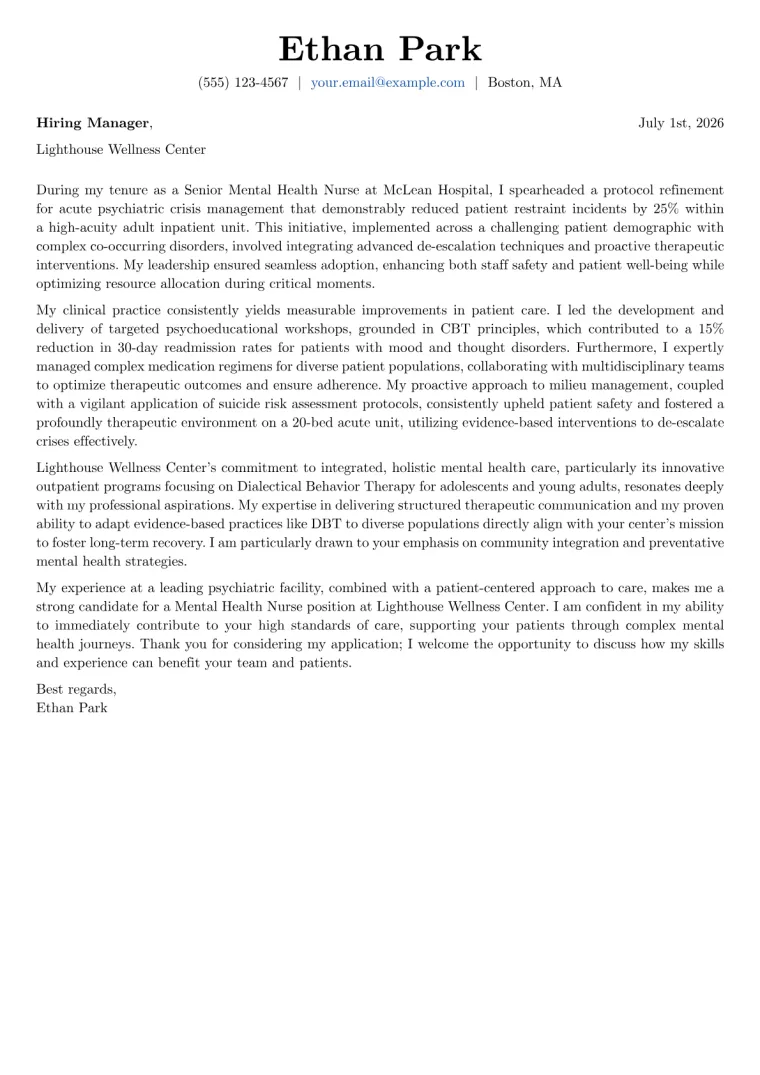 Mental Health Nurse Cover Letter Example