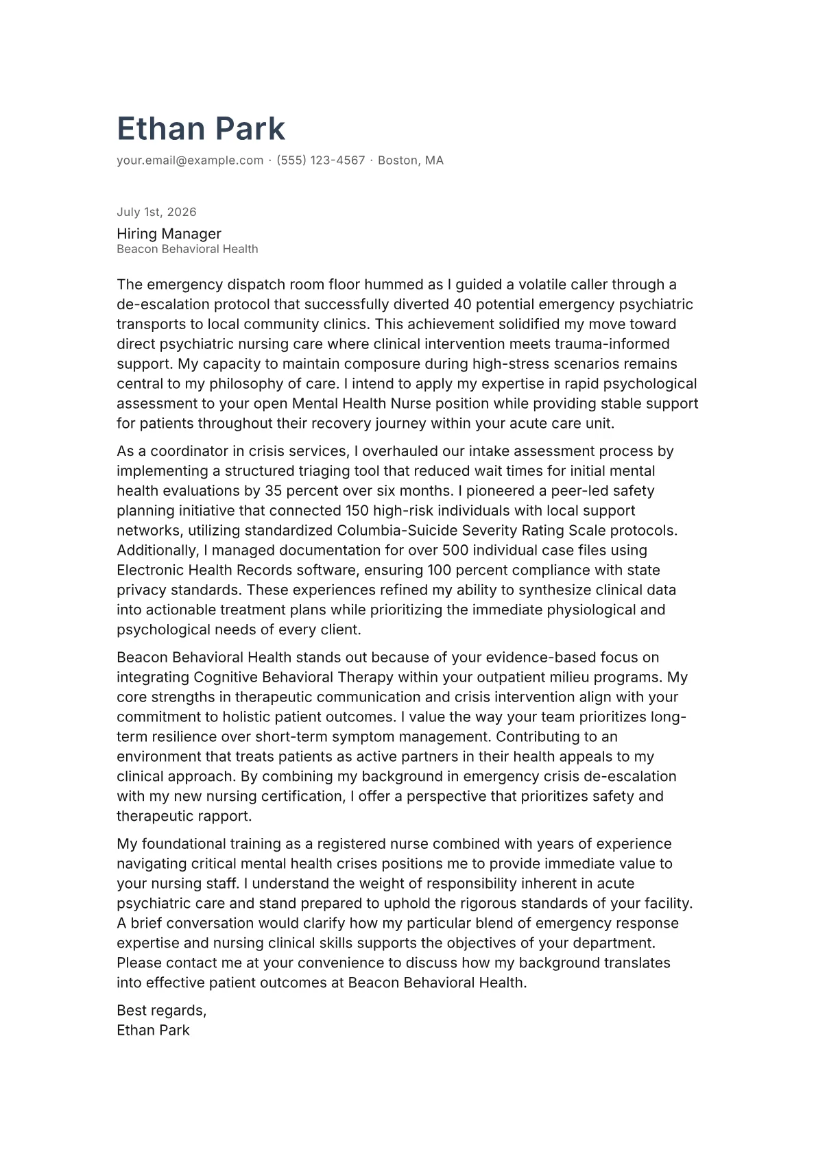 Mental Health Nurse cover letter in the Minimal design