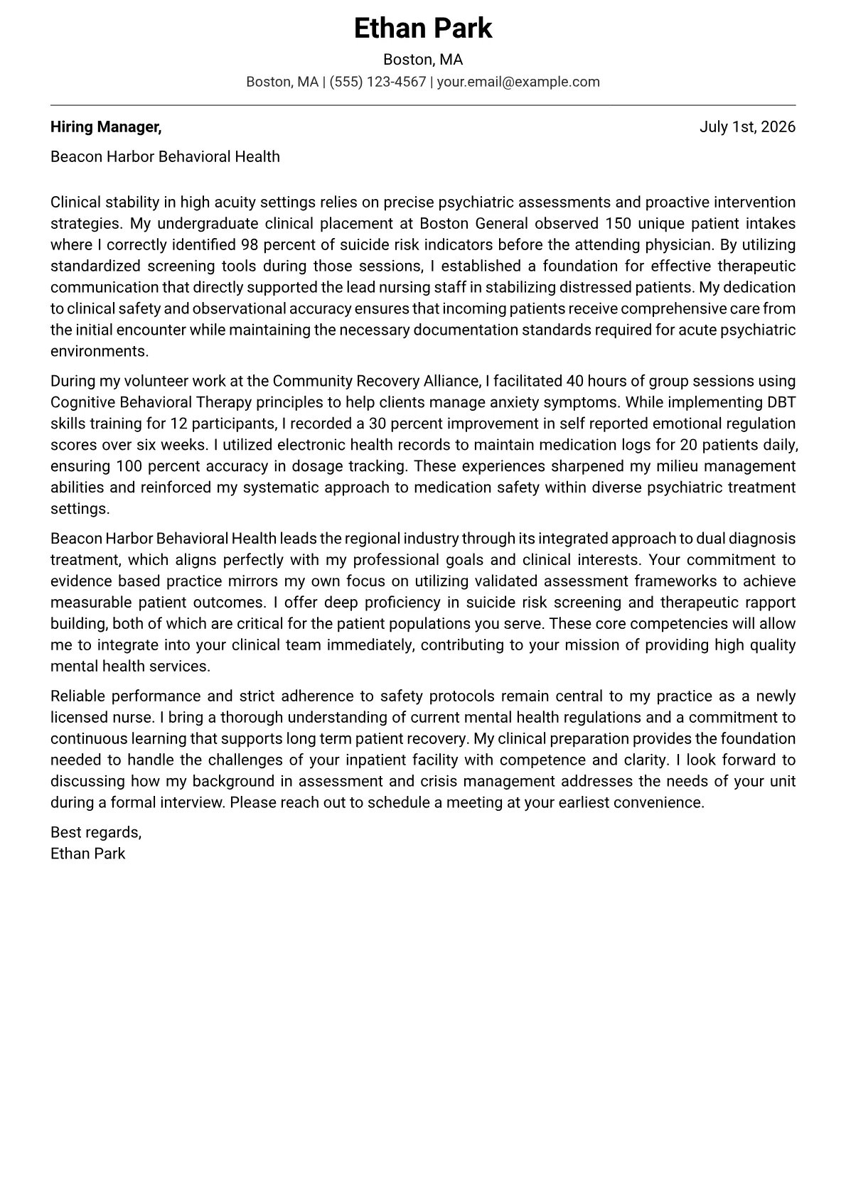 Mental Health Nurse cover letter in the Modern design