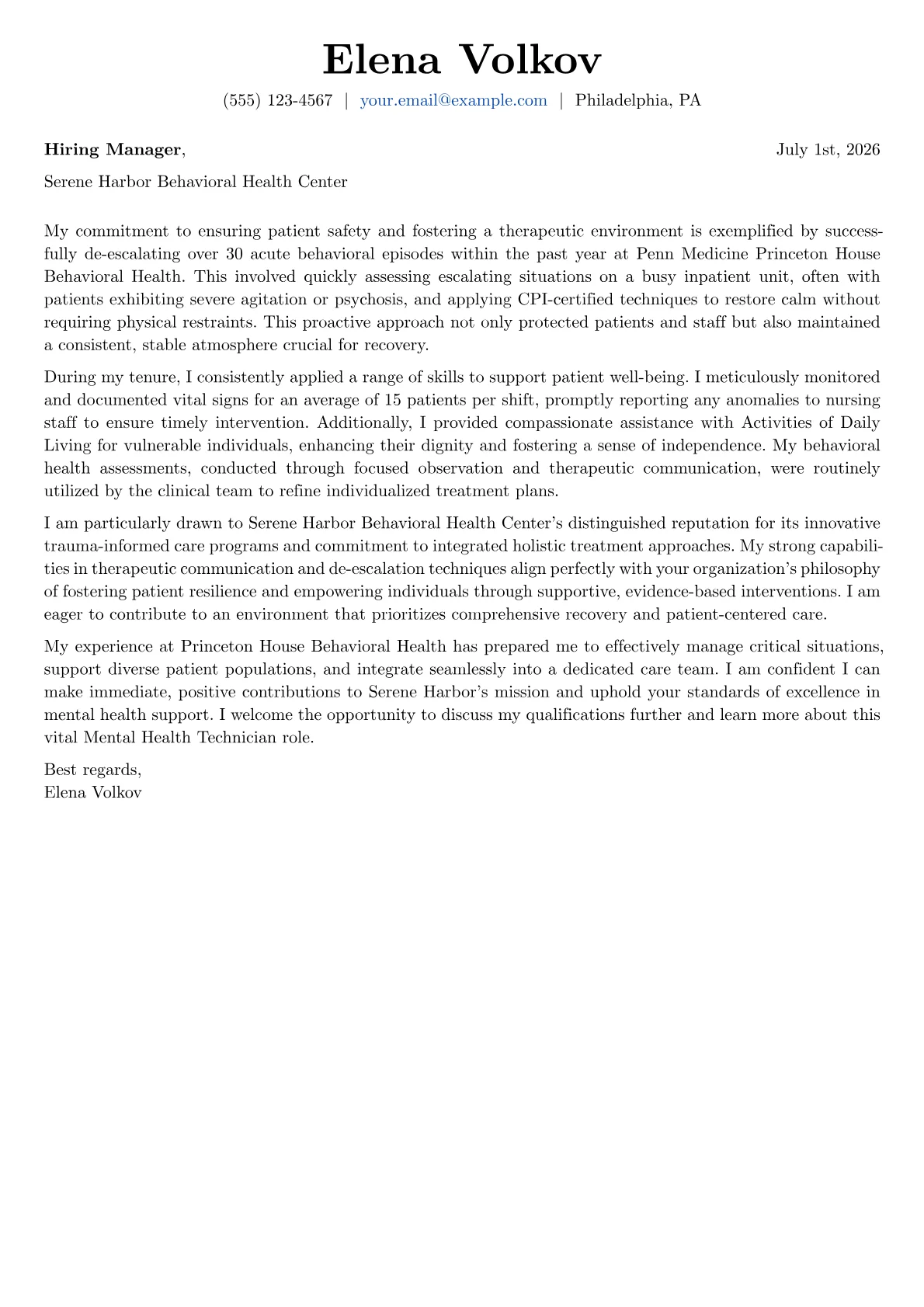 Mental Health Technician cover letter formatted with a JobSprout template