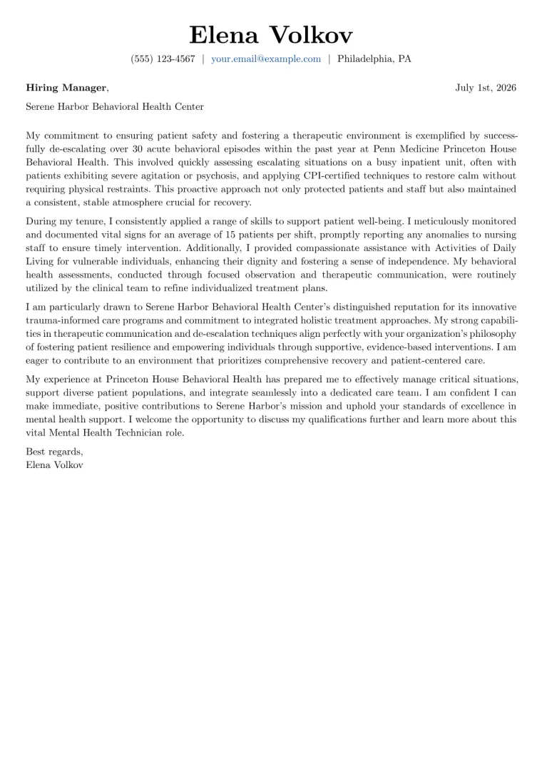Mental Health Technician Cover Letter Example