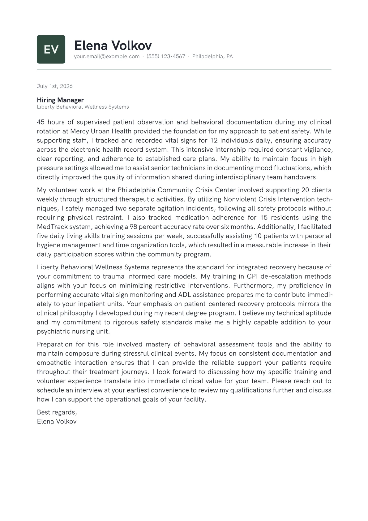 Mental Health Technician cover letter in the Emblem design
