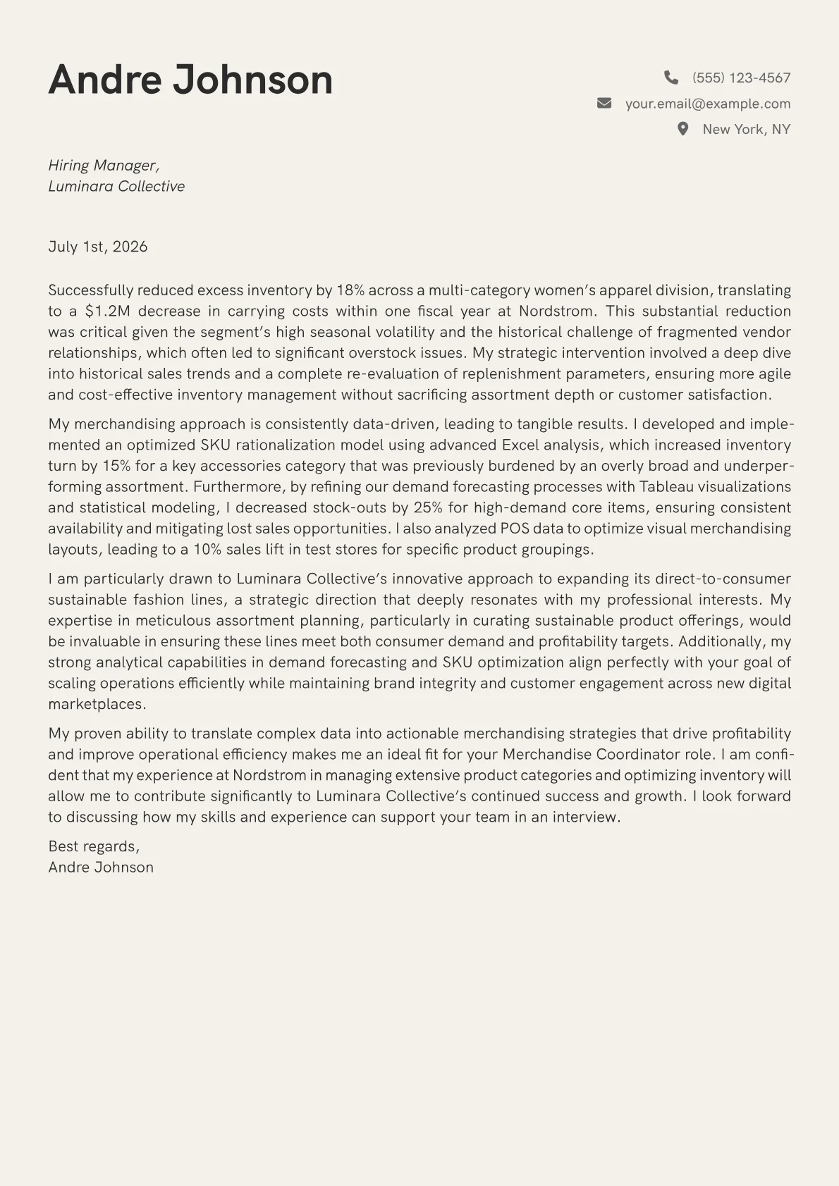 Merchandise Coordinator cover letter formatted with a JobSprout template