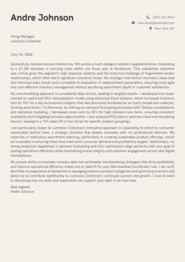Merchandise Coordinator Cover Letter Example