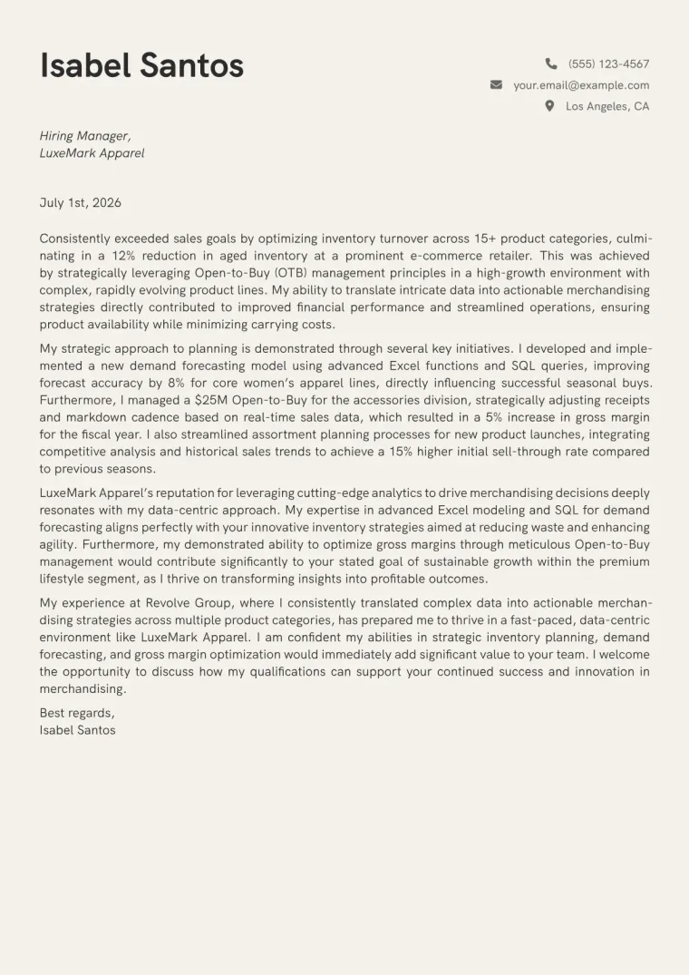 Merchandise Planner cover letter example preview