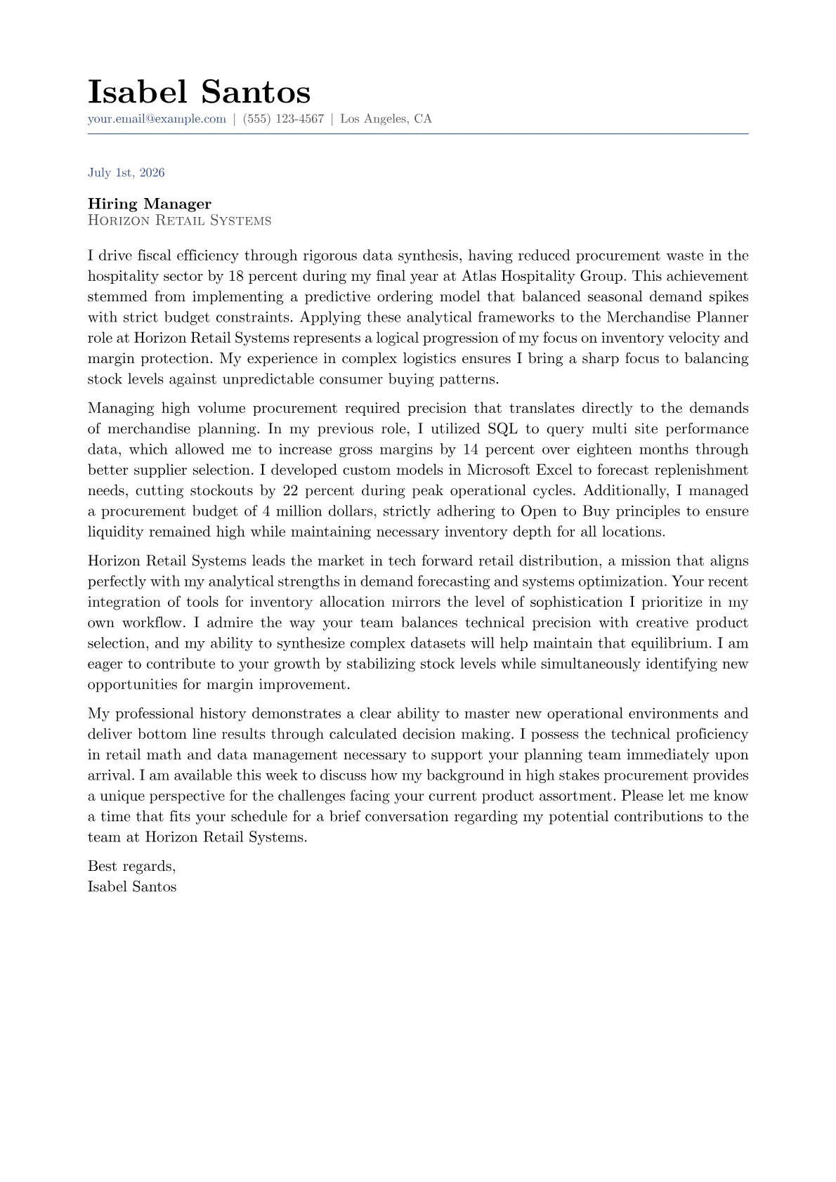 Merchandise Planner cover letter in the Classic design
