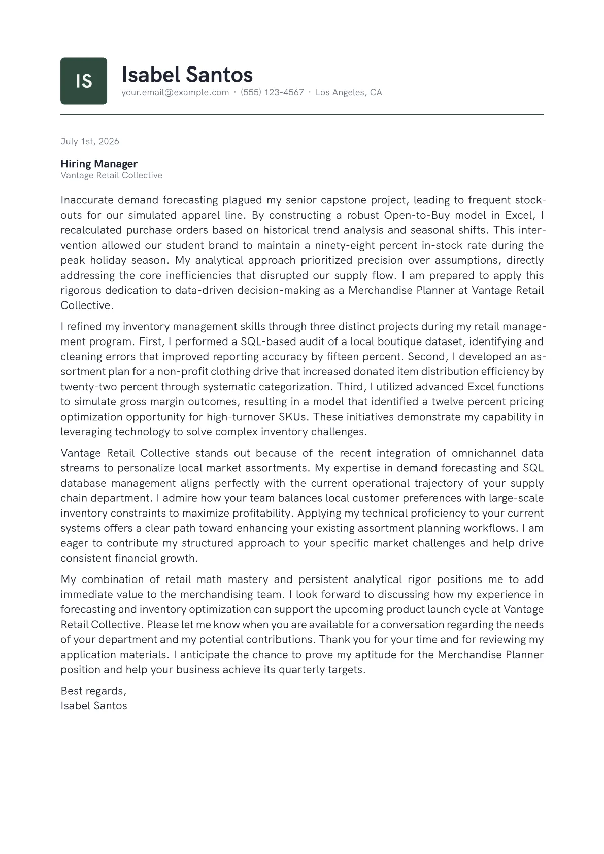 Merchandise Planner cover letter in the Emblem design