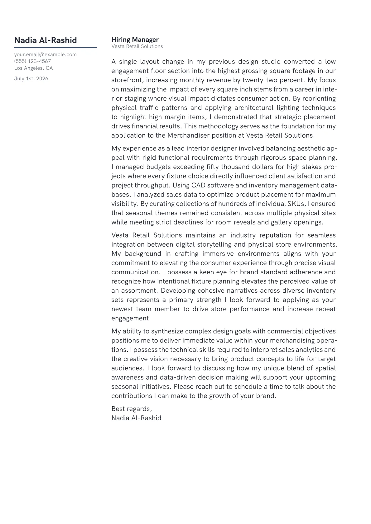 Merchandiser cover letter in the Margin design