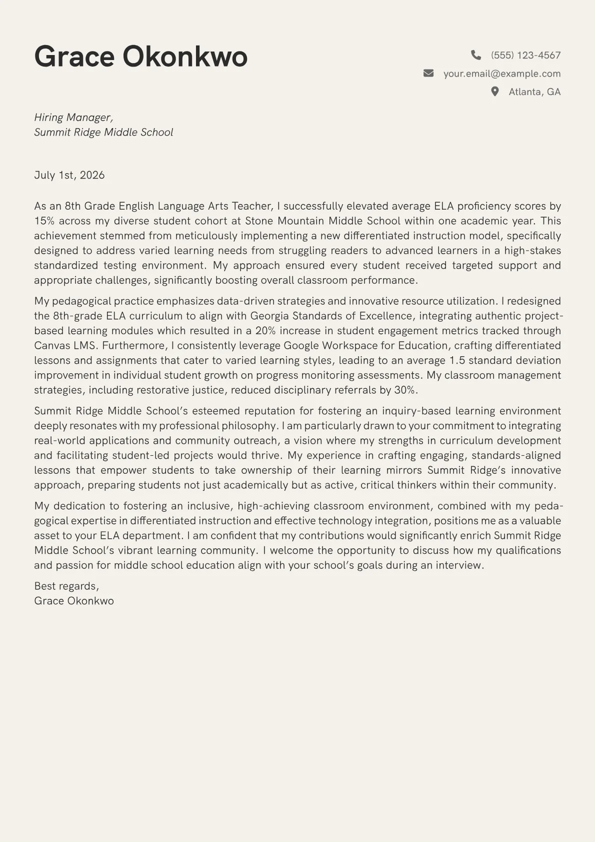Middle School Teacher Cover Letter Example + Template (2026)