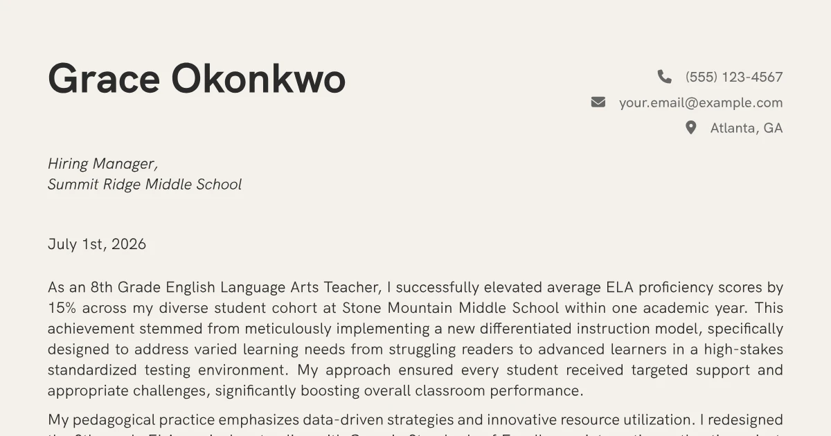 Middle School Teacher Cover Letter Example + Template (2026)