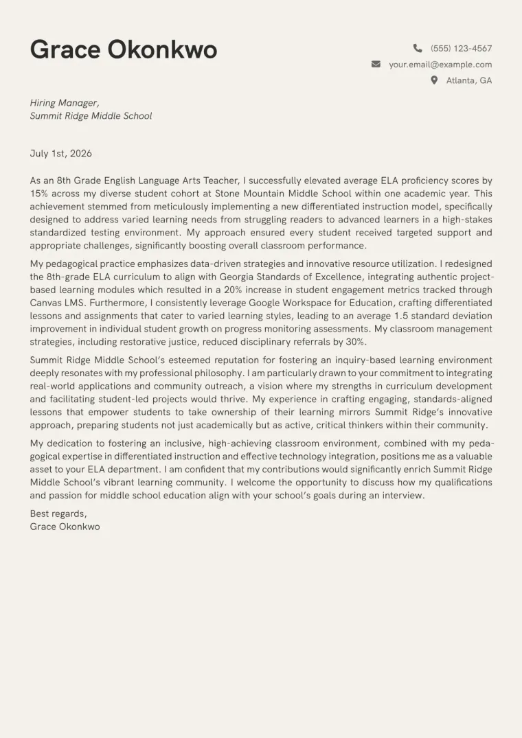 Middle School Teacher Cover Letter Example + Template (2026)