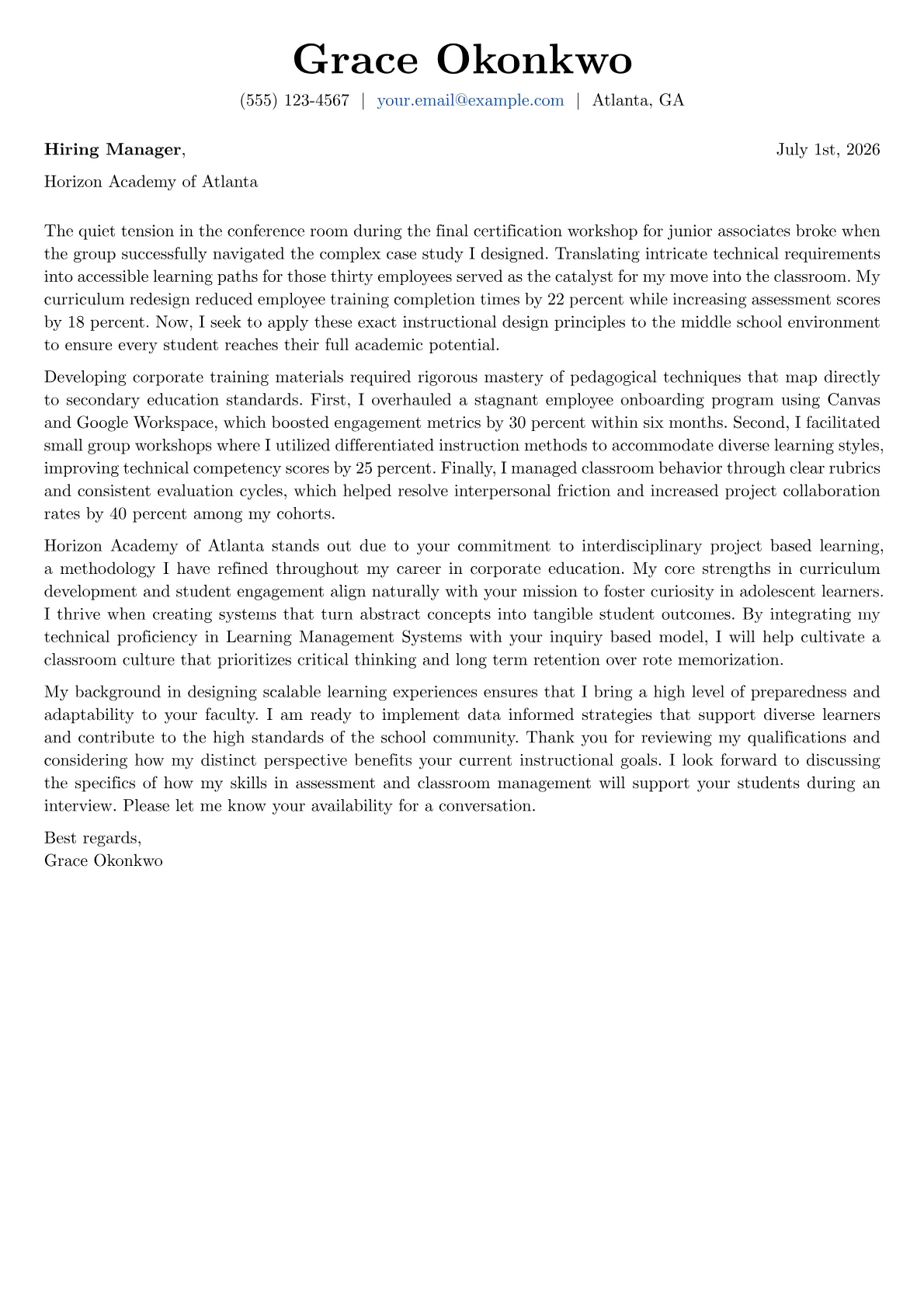 Middle School Teacher cover letter in the Basic design