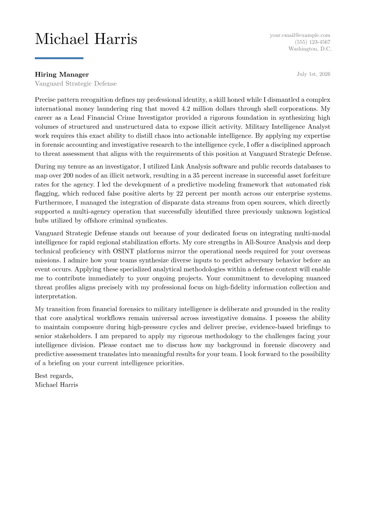 Military Intelligence Analyst cover letter in the Executive design