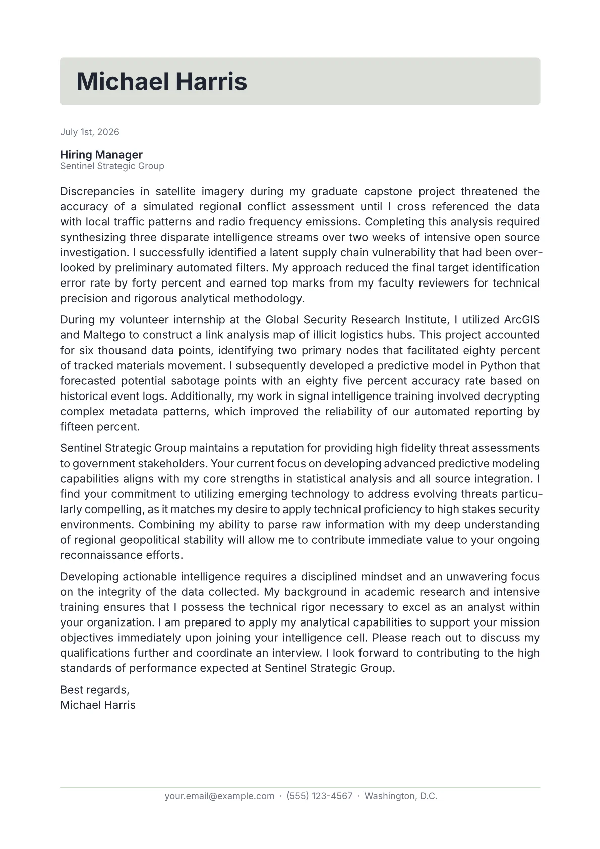 Military Intelligence Analyst cover letter in the Letterhead design