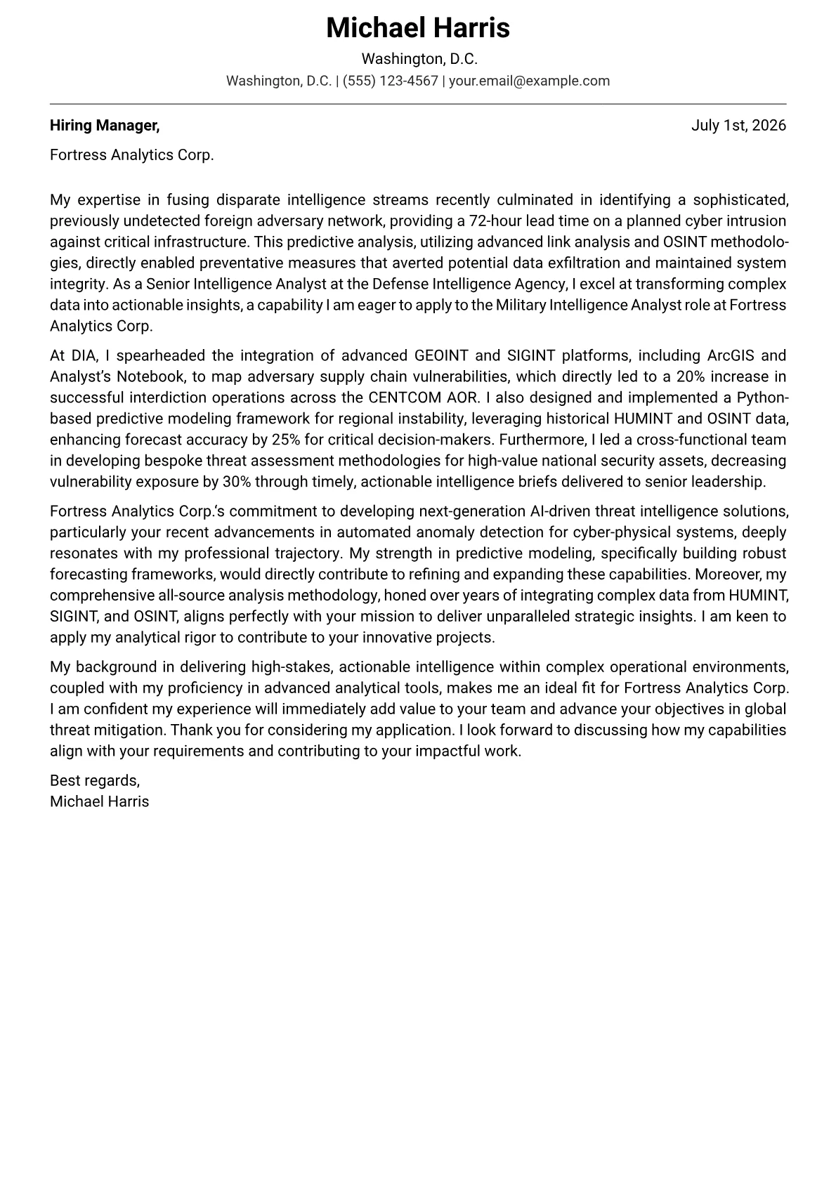Military Intelligence Analyst cover letter formatted with a JobSprout template