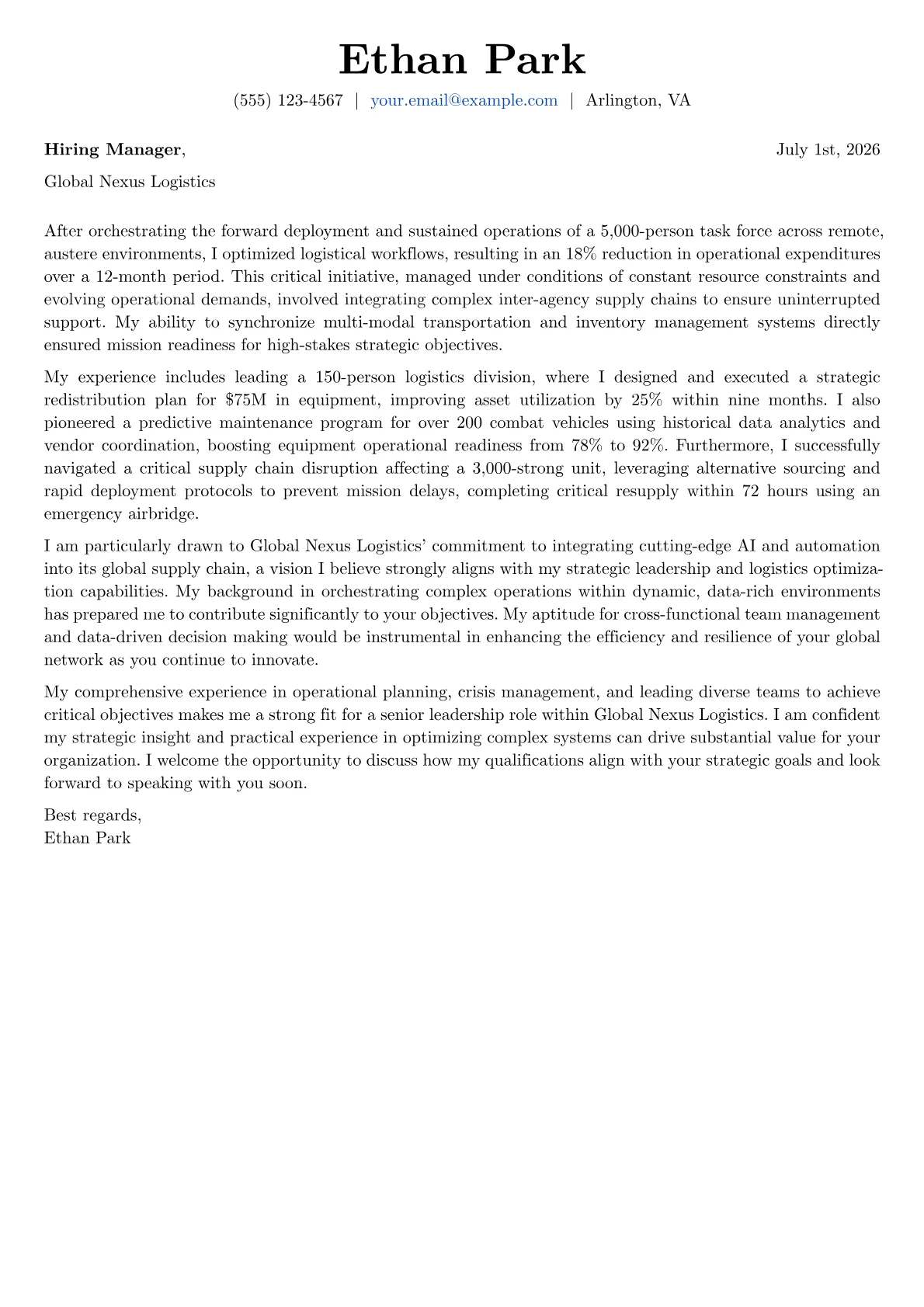 Military Officer cover letter formatted with a JobSprout template