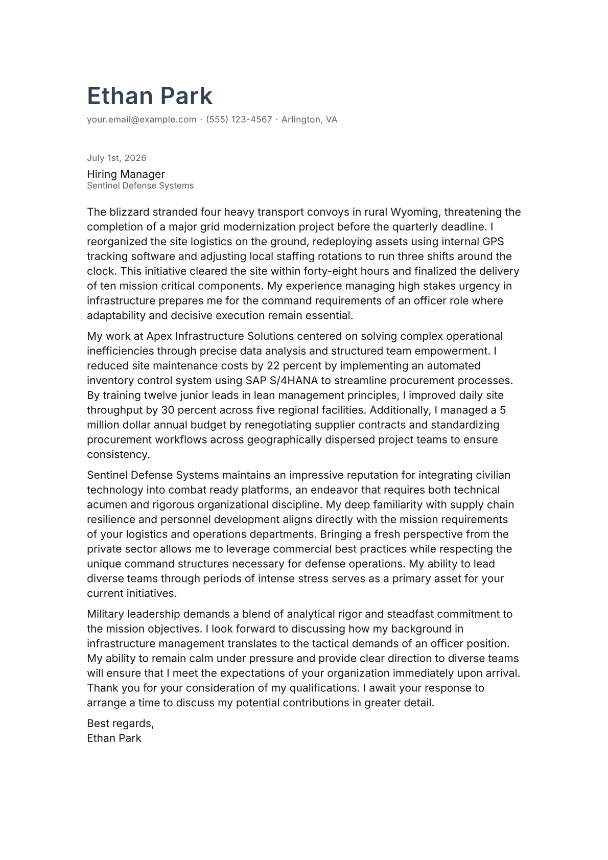 Military Officer cover letter in the Minimal design