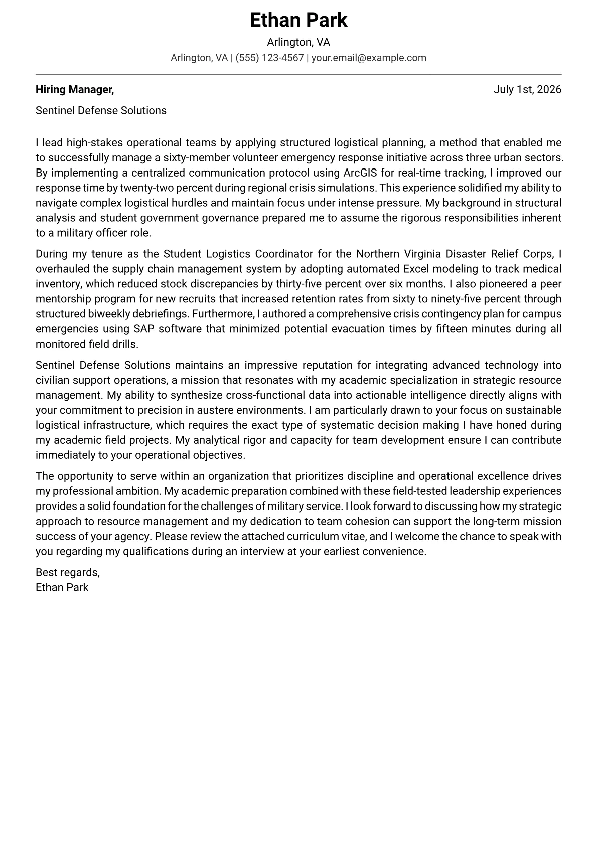 Military Officer cover letter in the Modern design